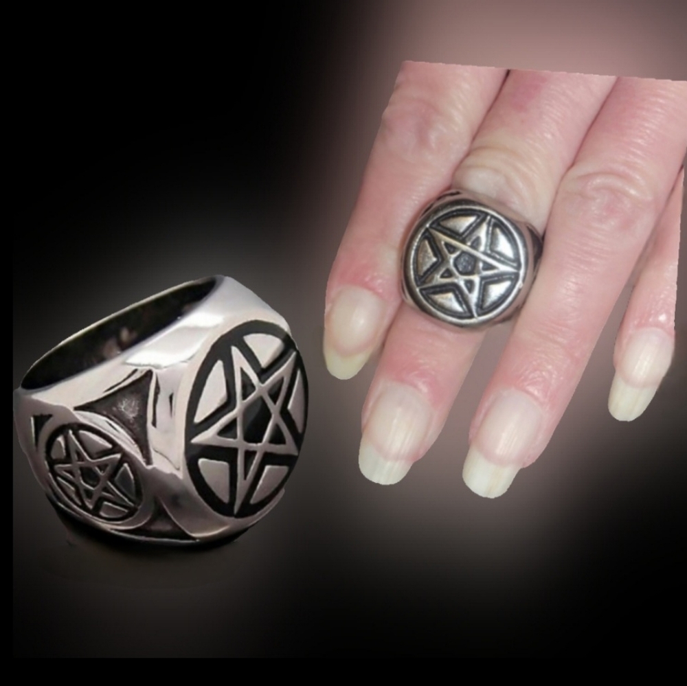 Silver blk pentagram pentacle star stainless steel unisex biker ring 8 BNIB